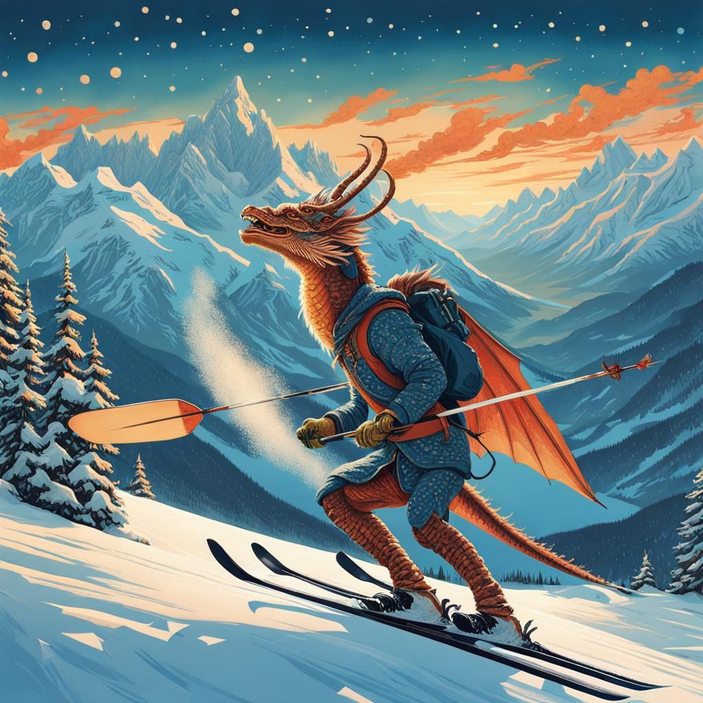 Dragon Skier in Alps with Astral Patterns