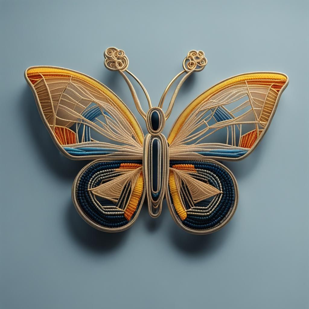 3d double exposure, goldwork technic embroidered butterfly b...