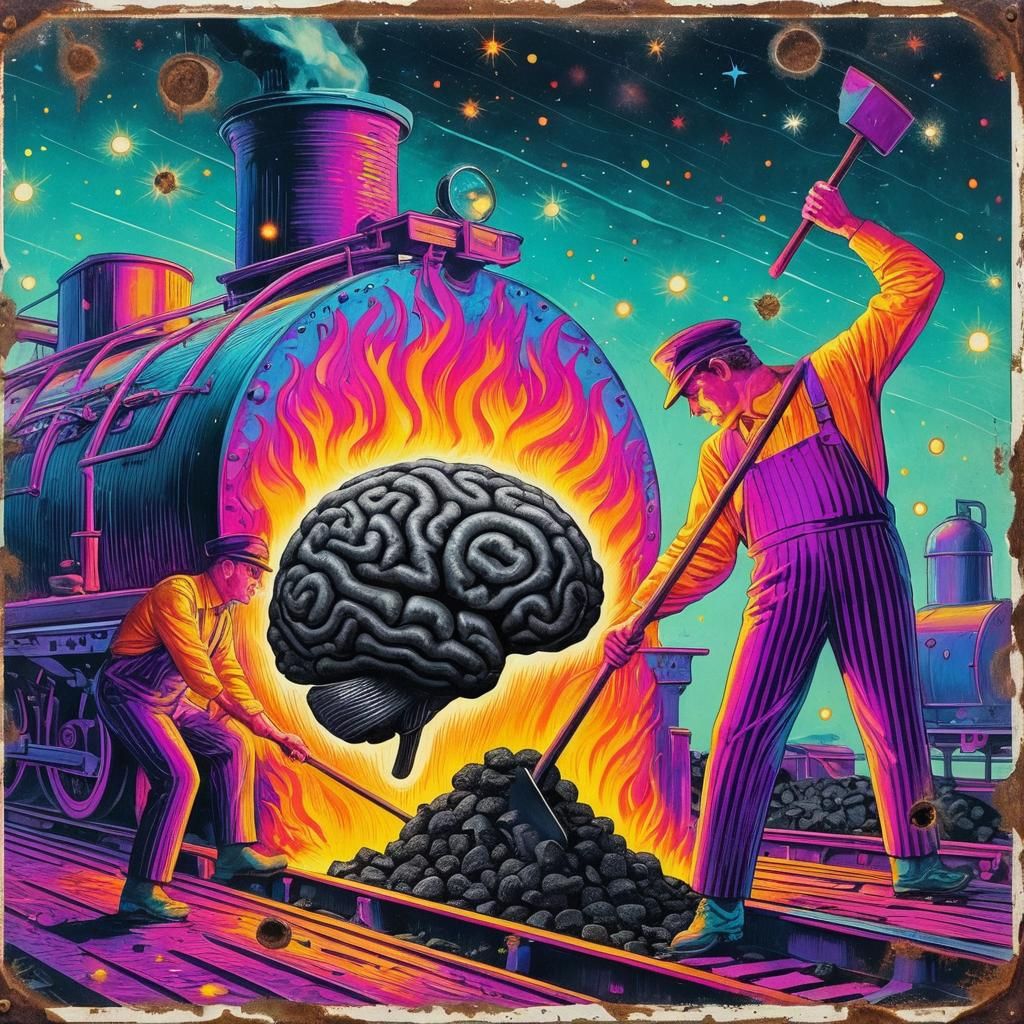 Psychedelic Train Engine Room in 1960s Pop Art Style