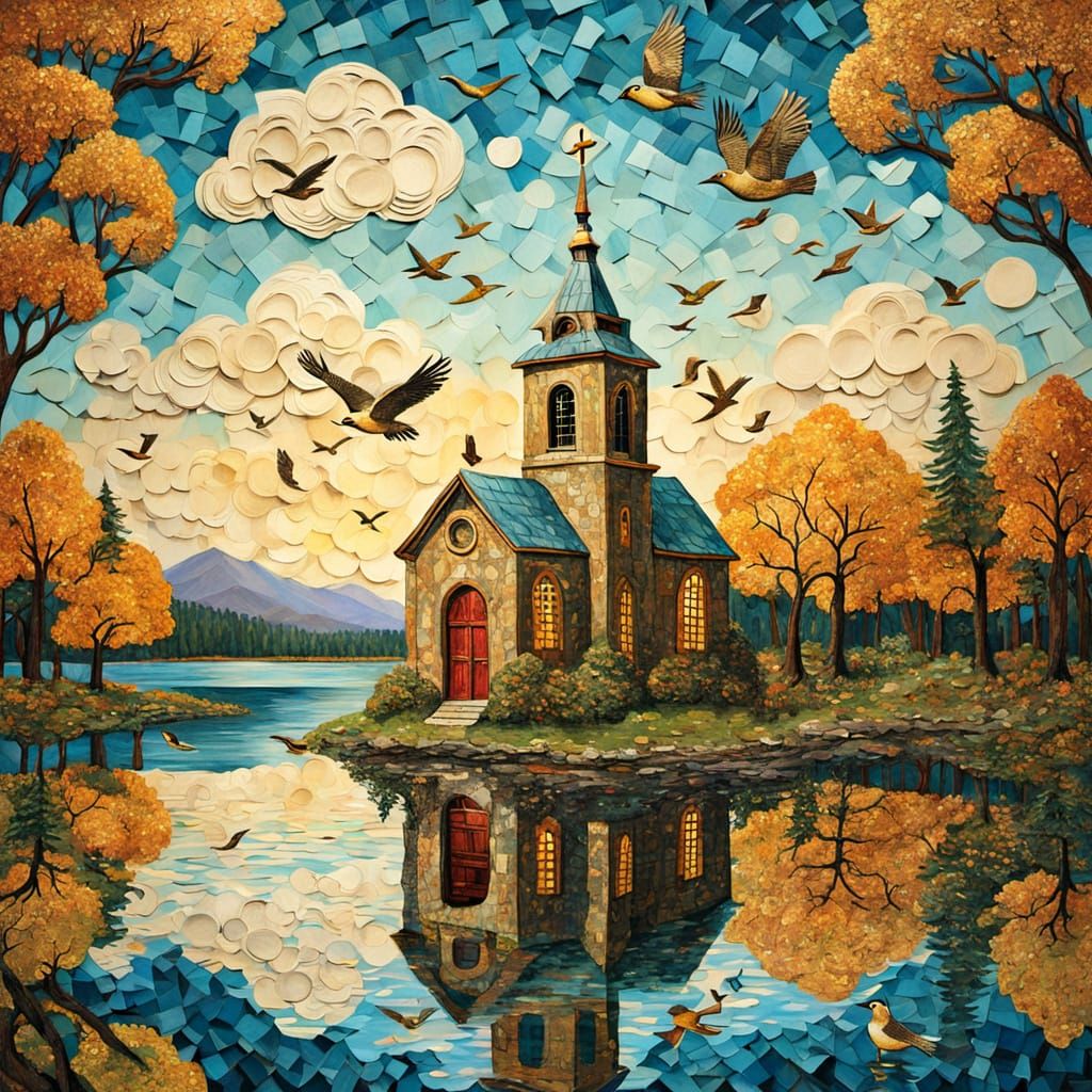 Chapel by Lake Collage with Birds in Impasto Style