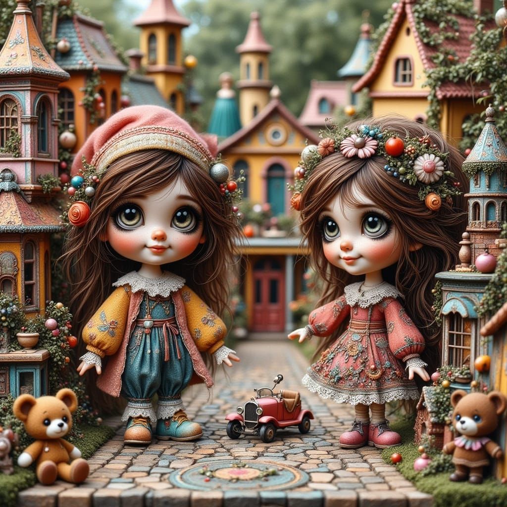 Whimsical Steampunk Village of Dolls and Clockwork Cars