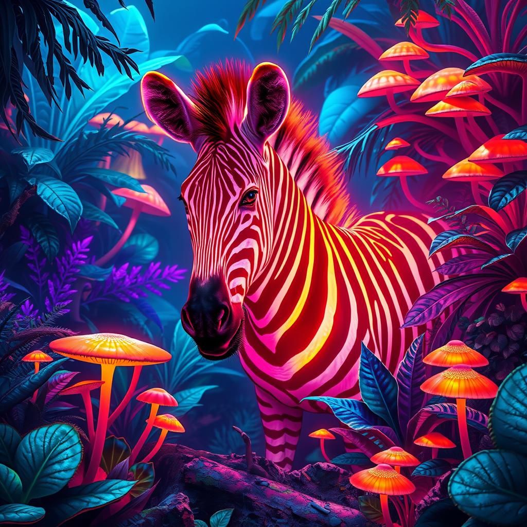 Neon Zebra in a Glowing Jungle