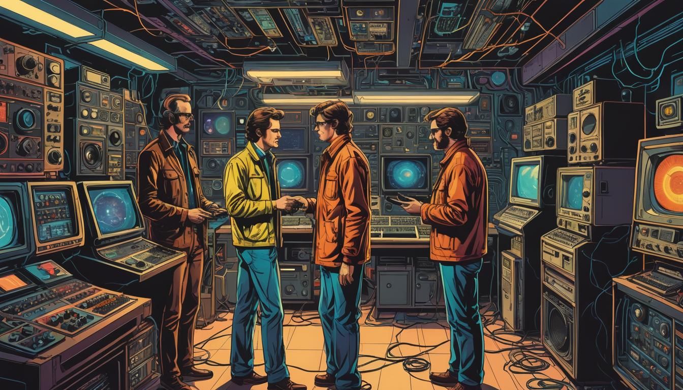 Retro-Futuristic Studio with Vintage Tech in Comic Style