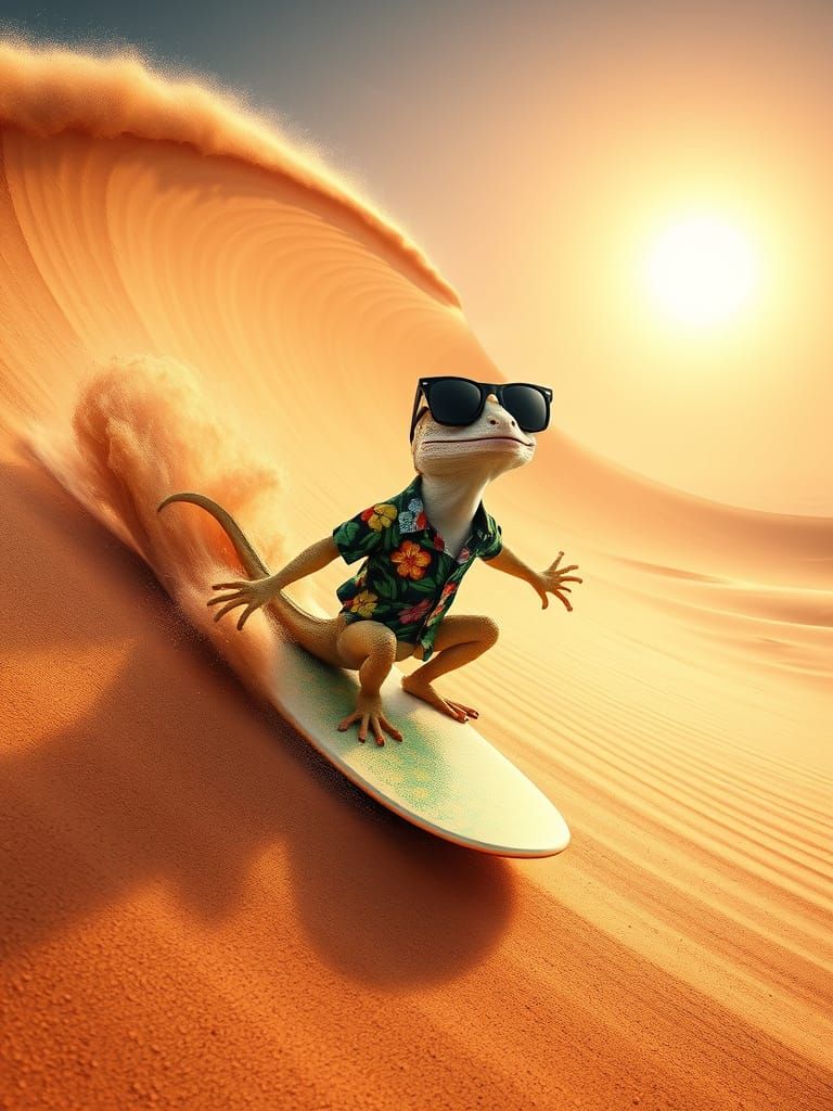 Surfing Gecko Rides Colossal Desert Sand Dune in Hyper-Reali...