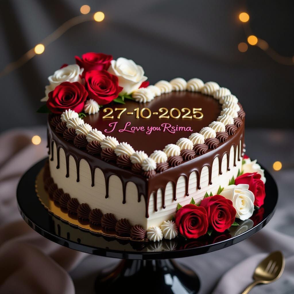 Elegant Heart Cake with Roses & Gold Script