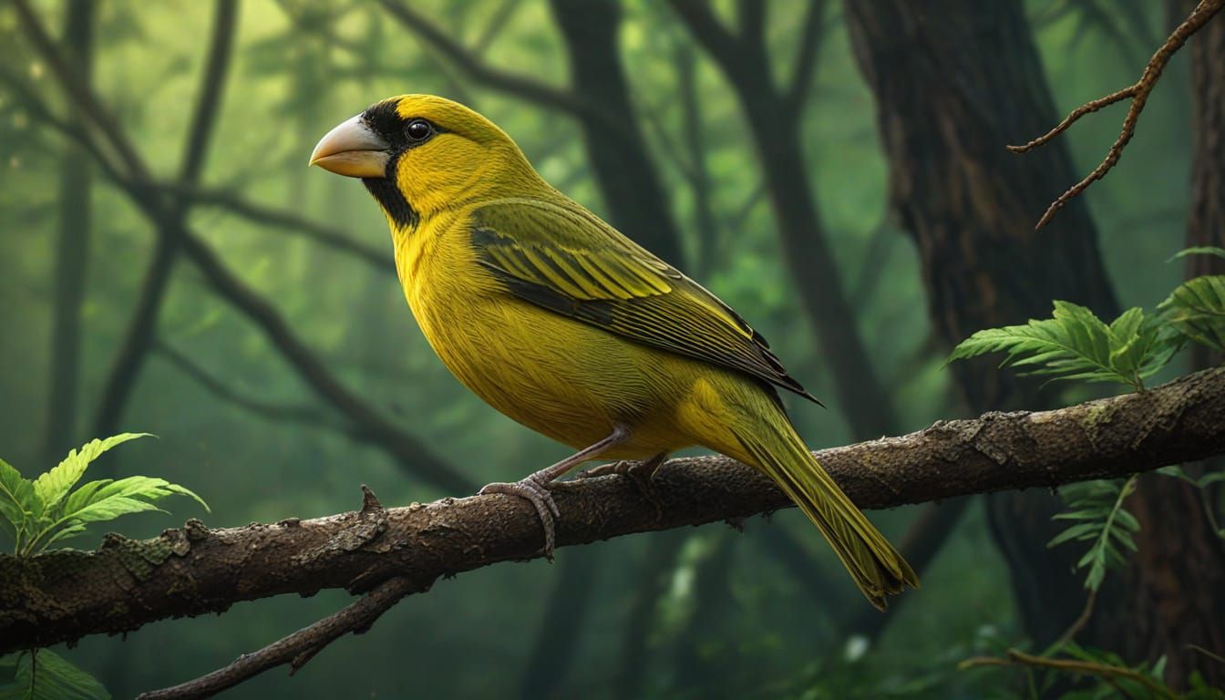 Vibrant Yellow-Green Grosbeak in Detailed Forest Splash Art