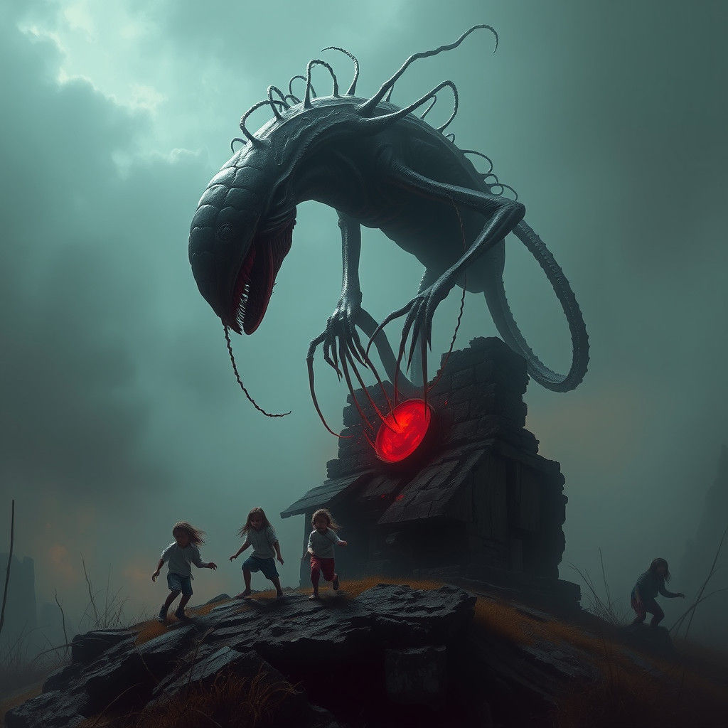 Grotesque Alien Devours Children in Surreal Landscape