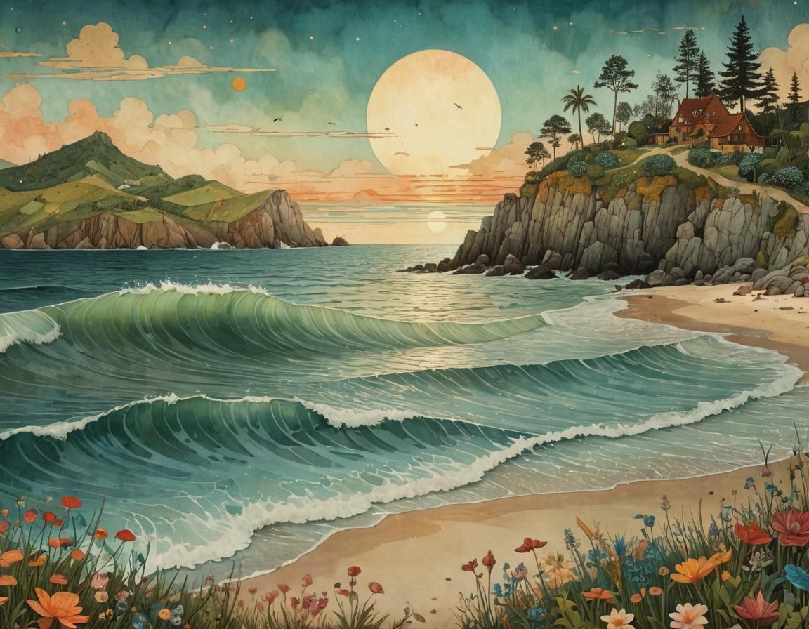 Ocean Beach Sunrise in Whimsical Collage Style