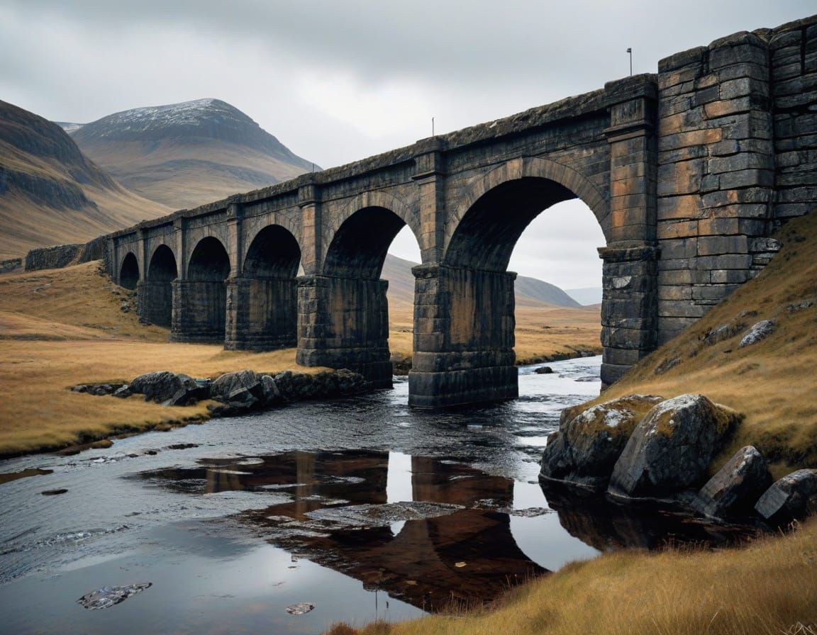 Majestic Scottish Highlands Bridge in Abstract Expressionism...