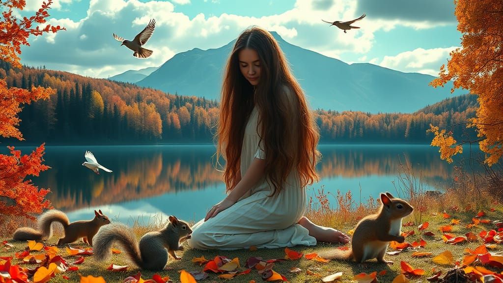 Serene Woman with Wildlife on Autumn Day