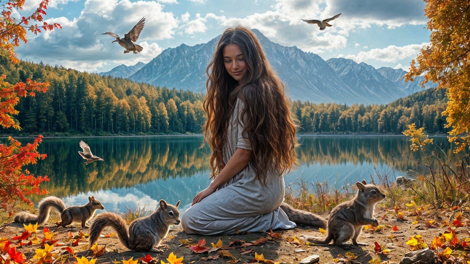 Woman With Wild Animals on Autumn Day