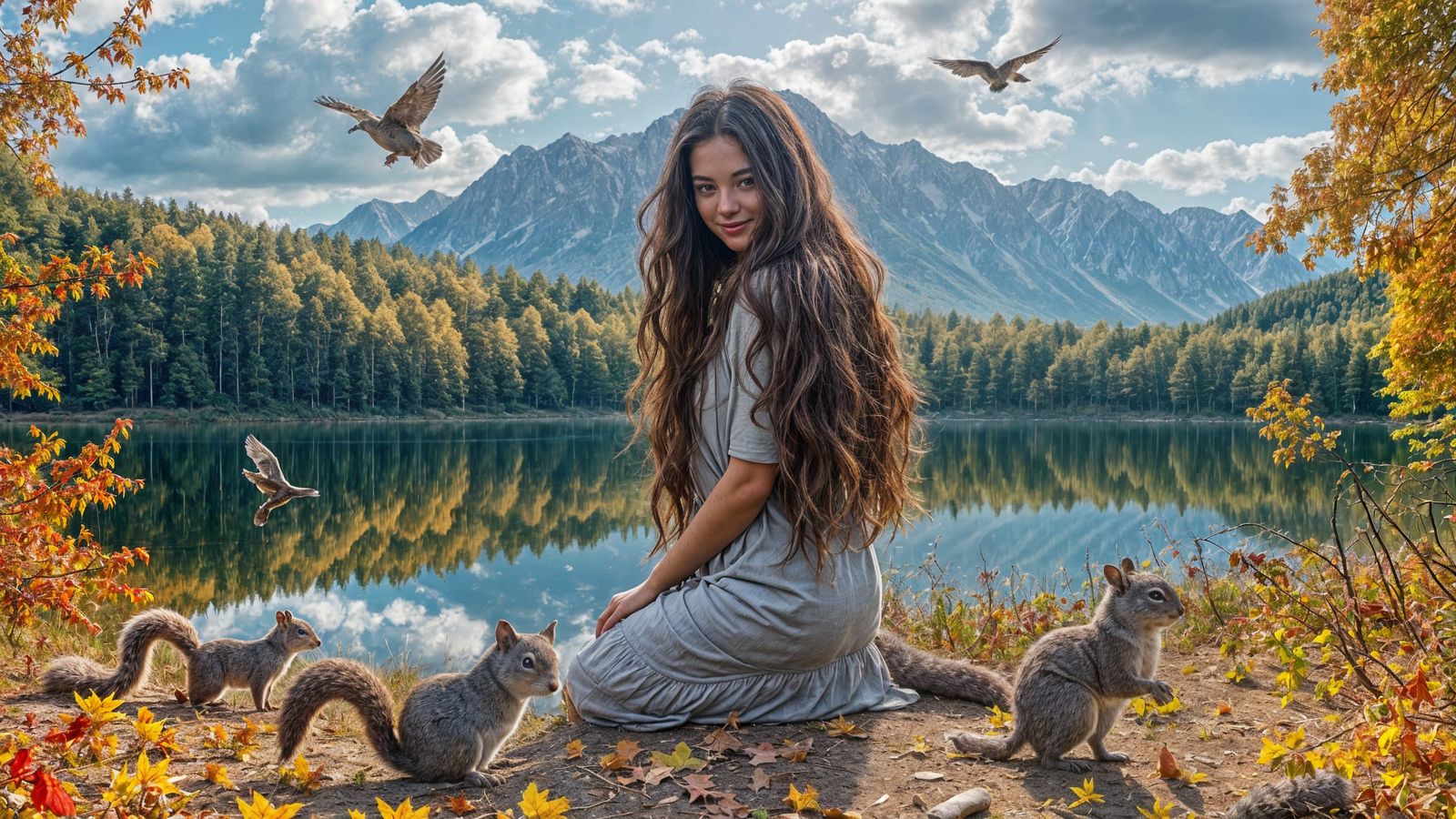 Woman with Squirrels on Autumn Day