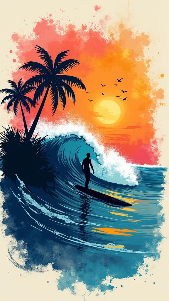 Tropical Surfer T-Shirt Design with Abstract Art