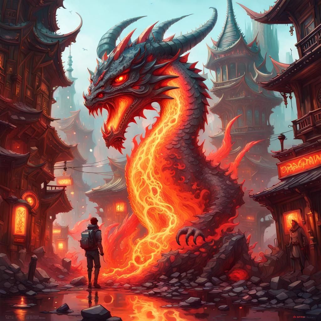 Glowing Dragons in Lava Lamp: Hyperdetailed Fantasy Art