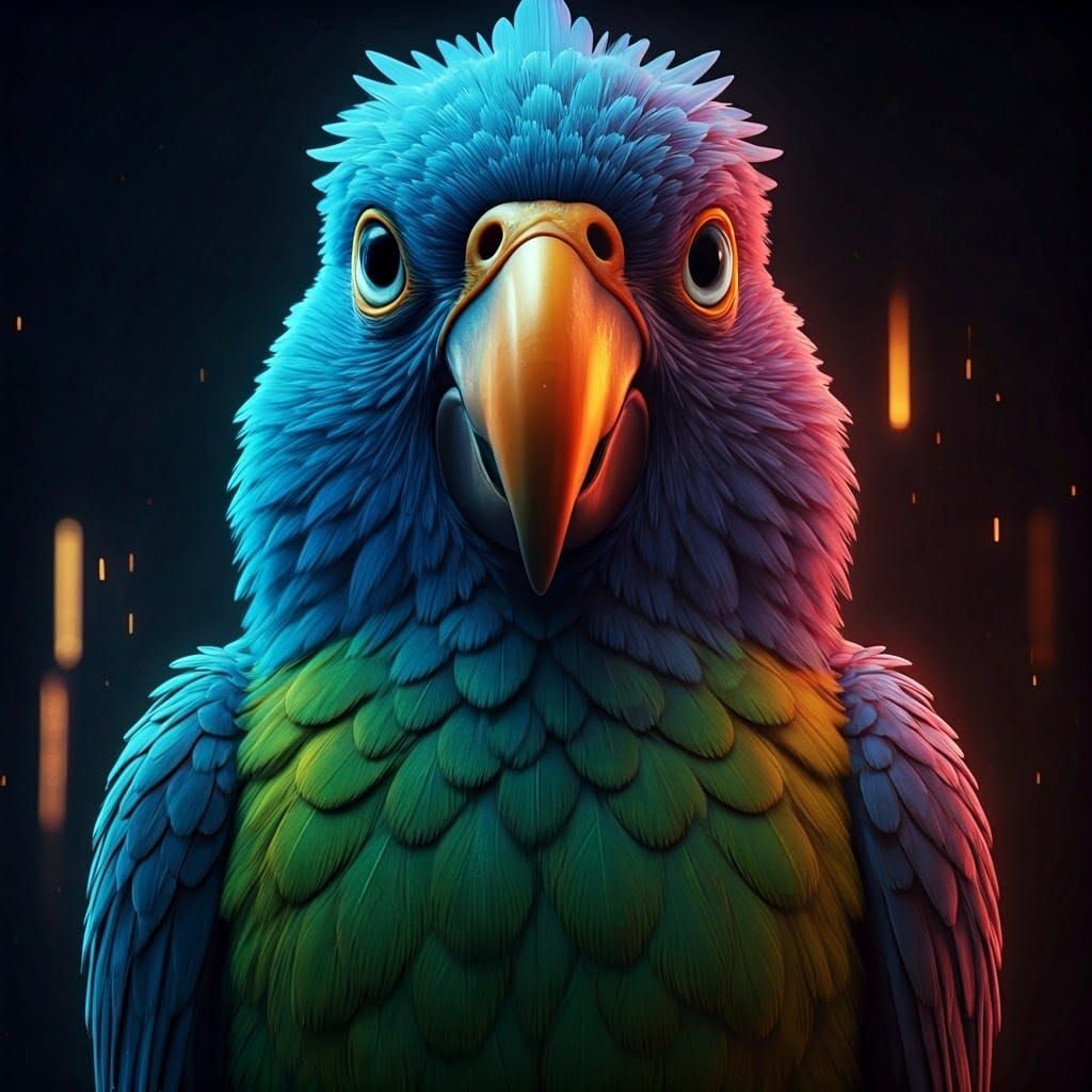 Majestic, Faux Fur Parrot in Neon Cityscape