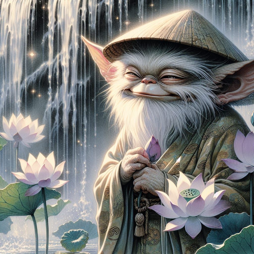 Gremlin in Japanese Attire Kissing Lotus, Ukiyo-e Style