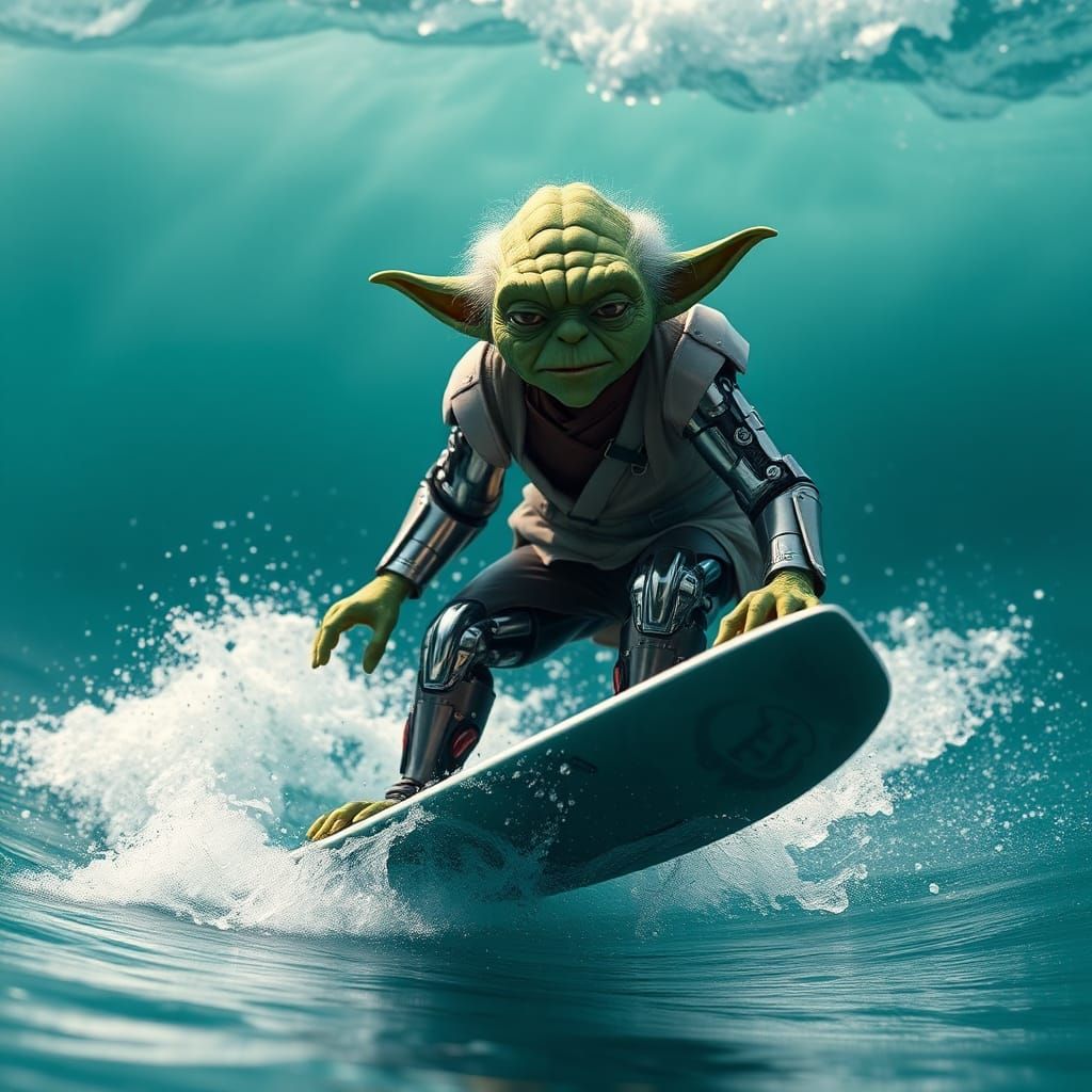 Yoda Surfing Crystal Wave with Shark, Sci-Fi Art