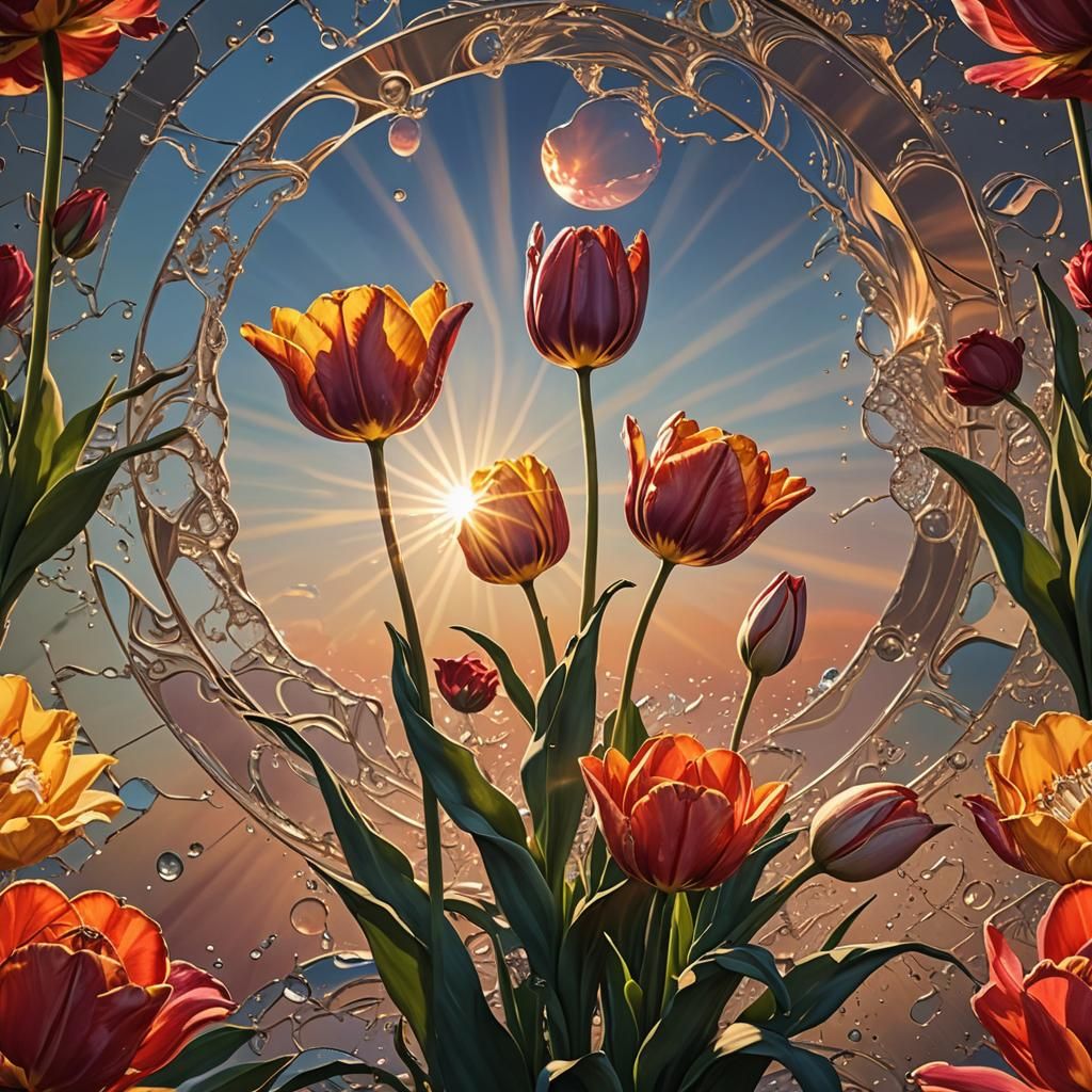 Hybrid Rose-Tulip Flower at Sunset in Splash Art