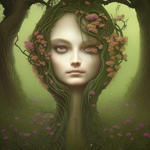 Dying Oak Tree Portrait with Wildflowers in Surrealist Style