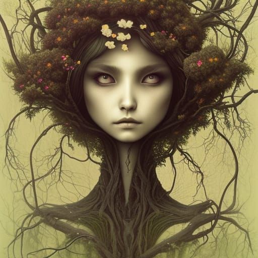 Surreal Dying Oak Tree Portrait with Wildflowers
