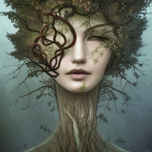 Dying Oak Tree Portrait with Vines and Wildflowers