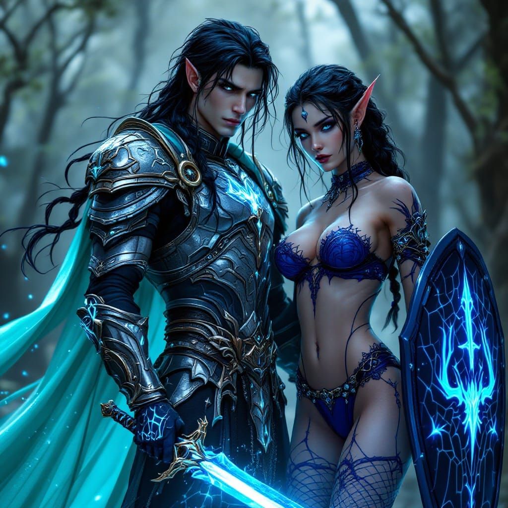 Gothic Paladin Elf Hero in Silver Armor with Bioluminescent ...