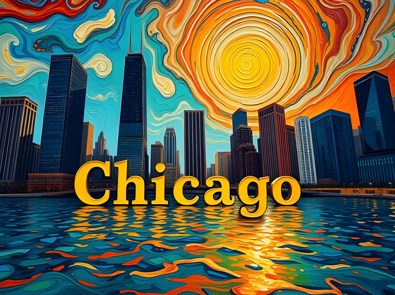 Chicago Skyline Dreamscape in Impasto Style