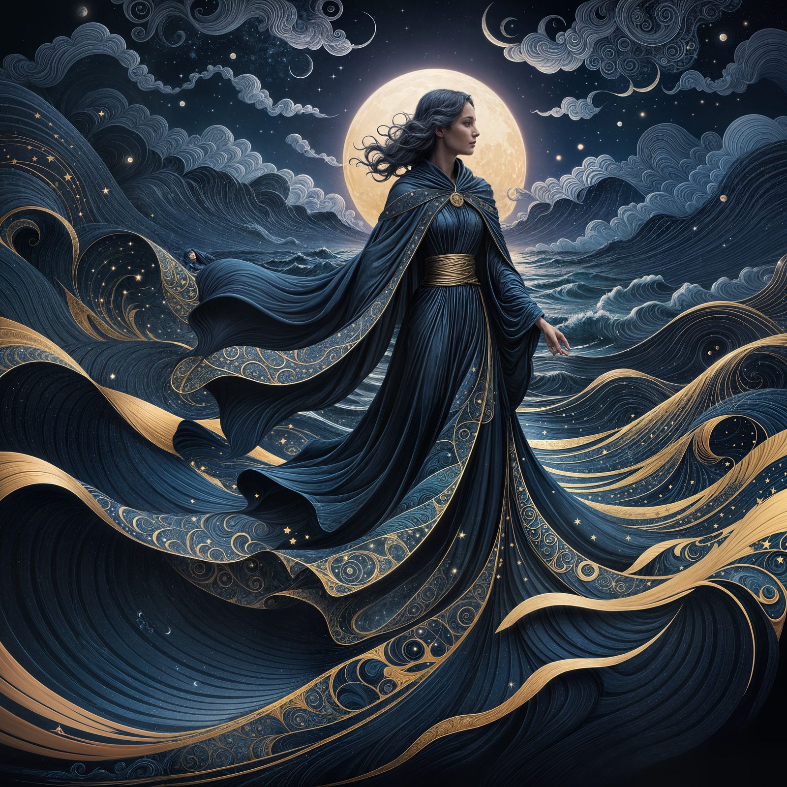 Water woman rising from rippling waves. Dressed in dark blue...