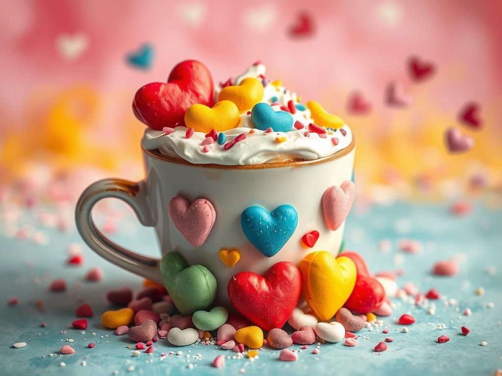 Multicolor hearts, coffee, marshmello