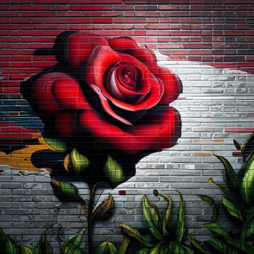 Rose Graffiti Art on Brick Wall