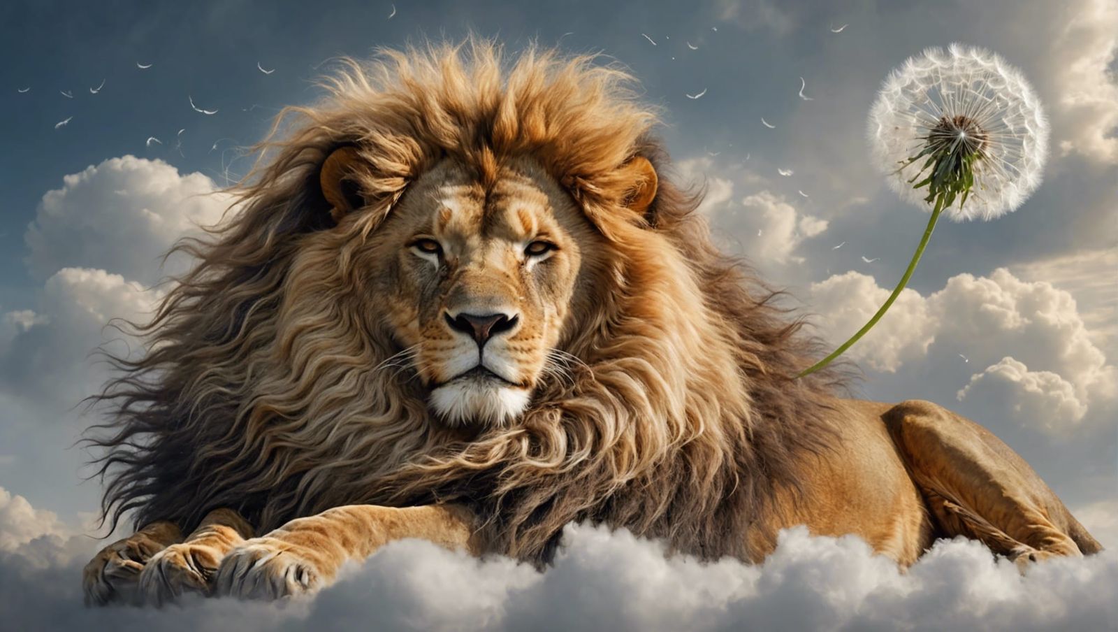 Dreamy Cloudscape Lion Asleep on a Cloud