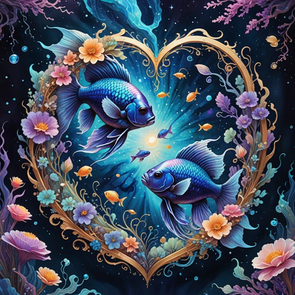 Surreal Watercolor Painting of Interconnected Beta Fish in a...