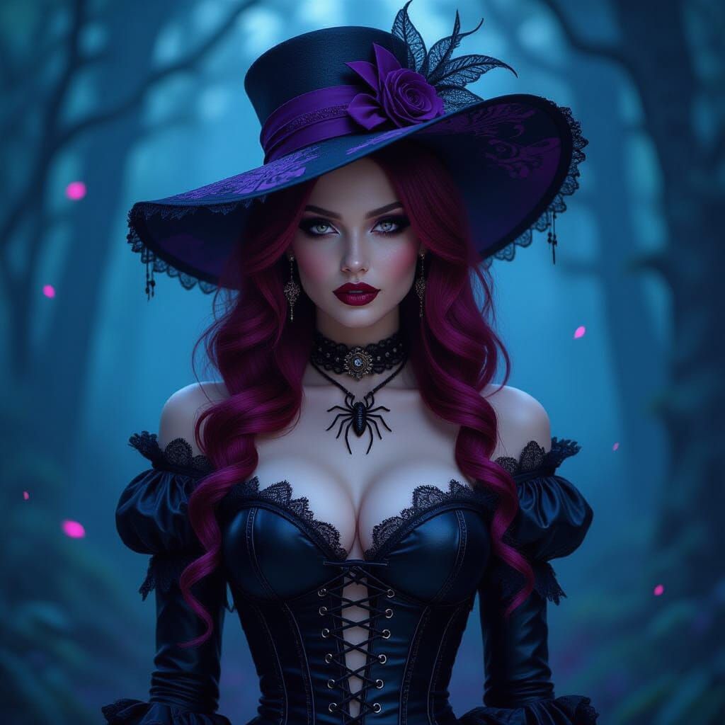 Gothic Woman with Crimson Hair in Enchanted Forest