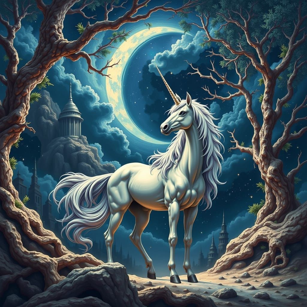 Majestic Unicorn in Moonlit Forest with Ethereal Glow