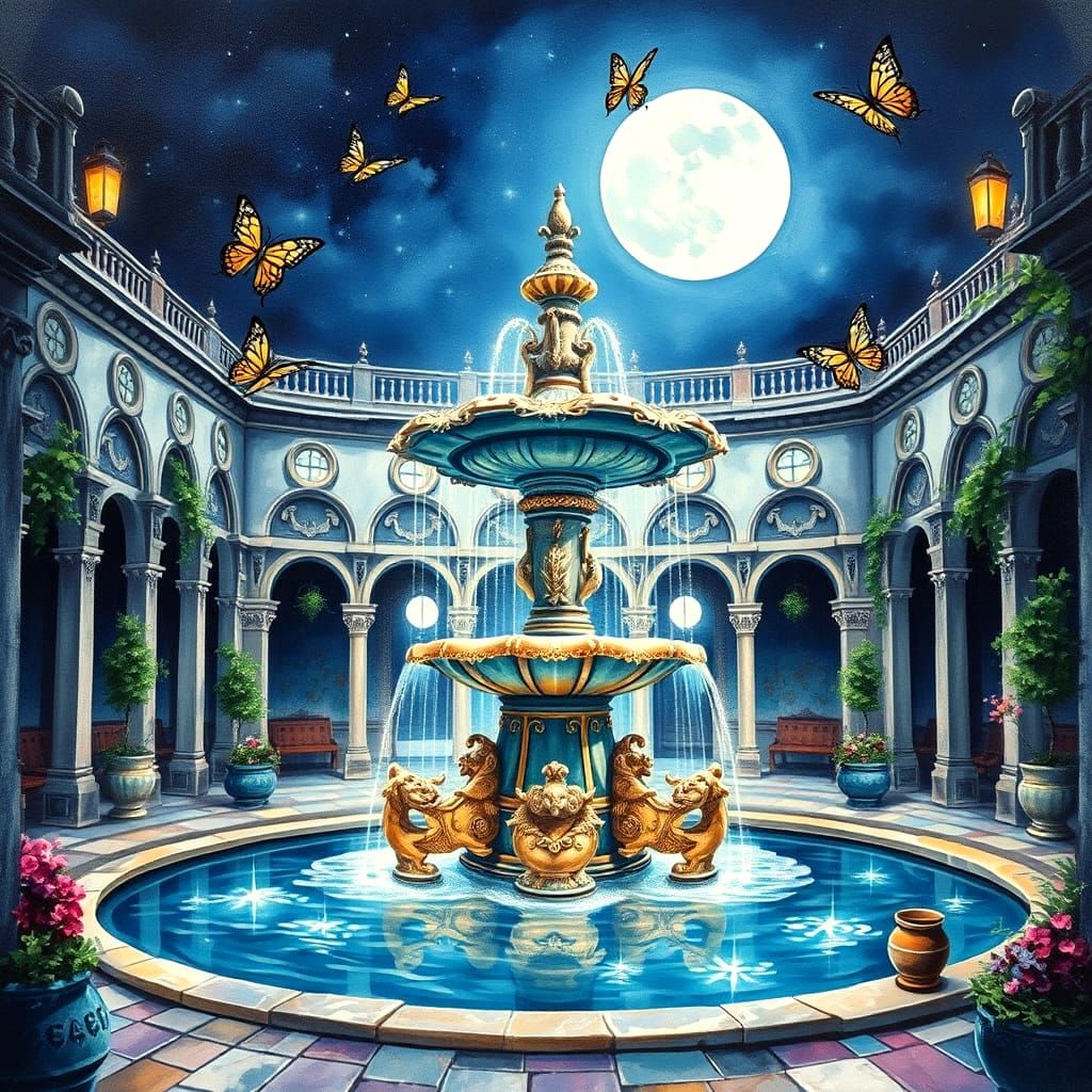 Moonlit Fountain with Mythical Creatures in Watercolor Style
