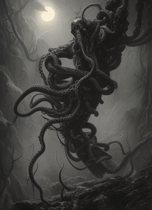 Tentacled Horror in Moonlight: Charcoal Drawing