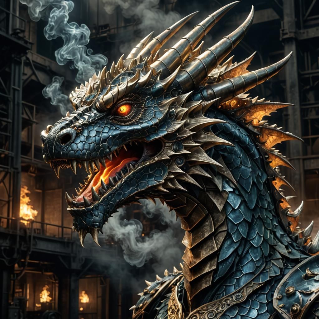 Dieselpunk Fractal Dragon Head Roaring in Moonlight