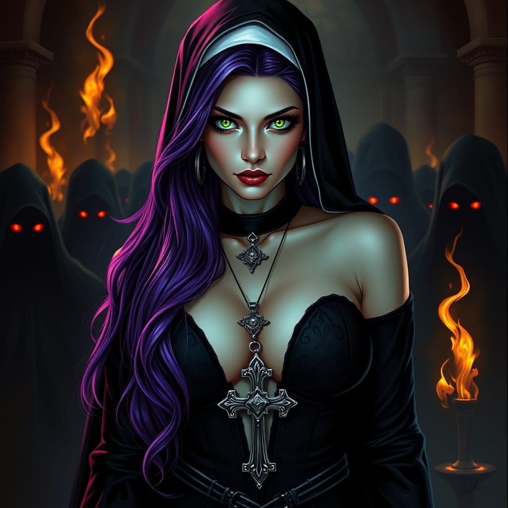 Sultry Nun in Gothic Finery, Surrounded by Mysterious Figure...