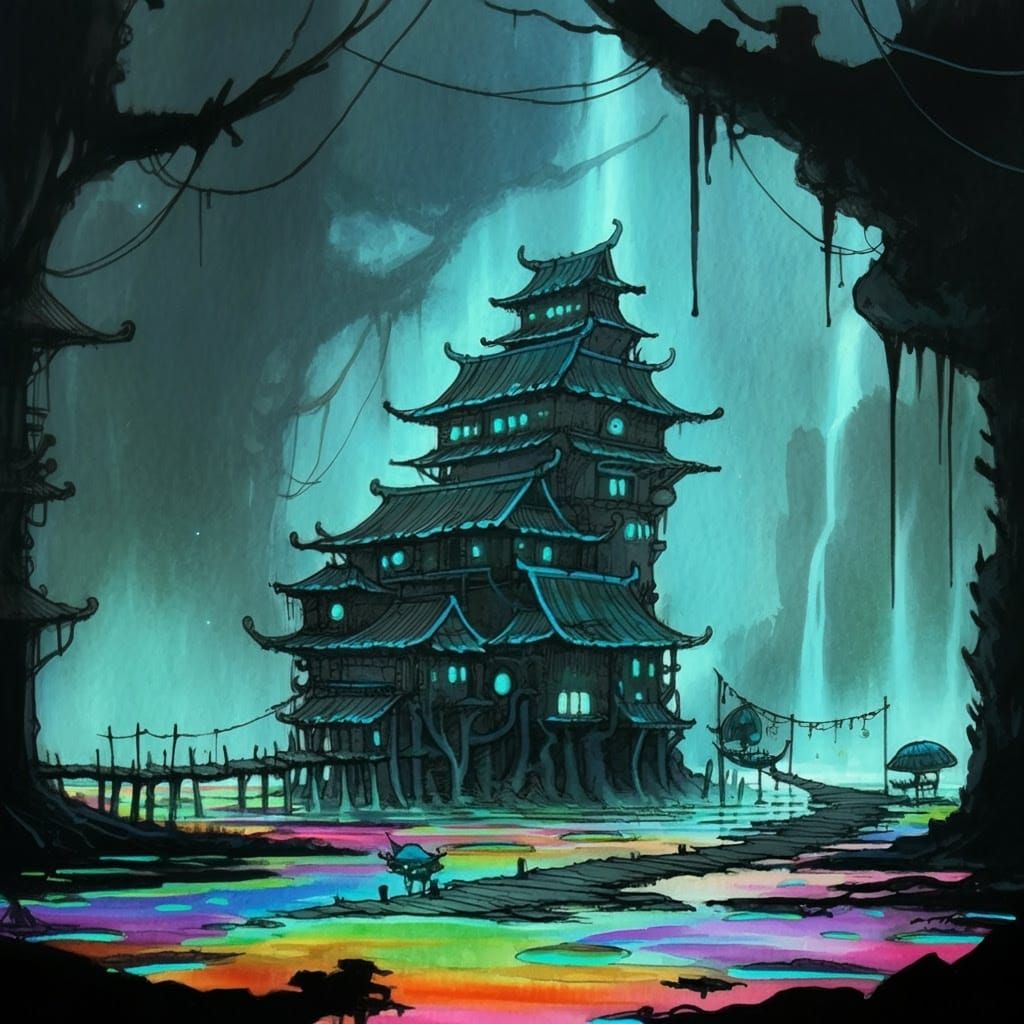 Vibrant Bio Punk Village in a Rainbow Tar Bog