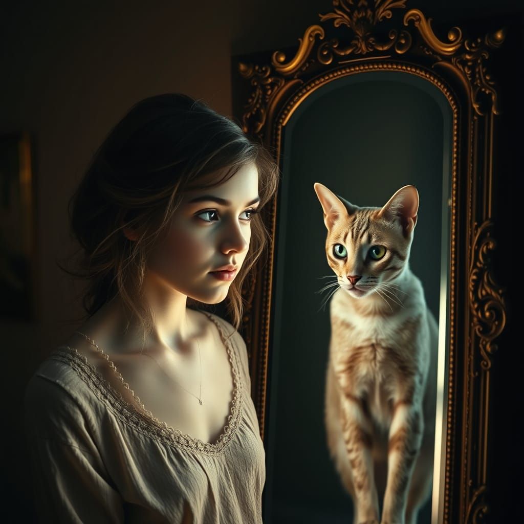 Young Woman Sees Feline Reflection in Antique Mirror, Surrea...