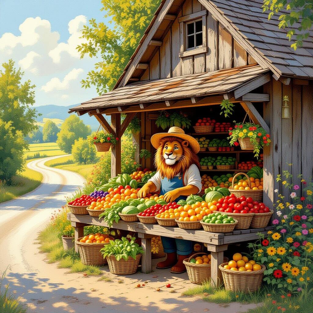 Rustic Farmstand with Anthropomorphic Lion, Whimsical Fantas...