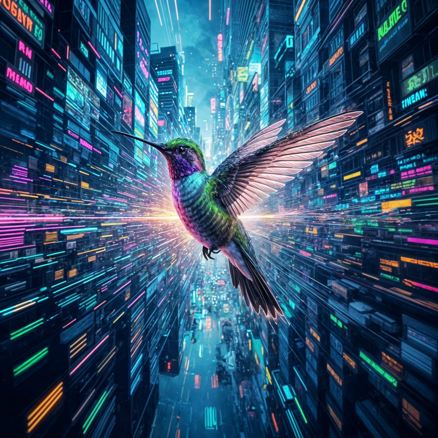 Hummingbird in Glitch Art Style, Vivid Colors