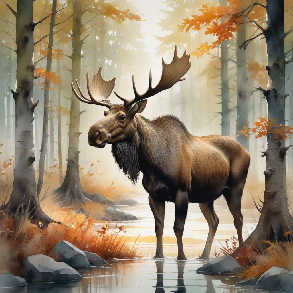 Camouflaged Moose in Autumnal Grove: Carne Griffiths Style