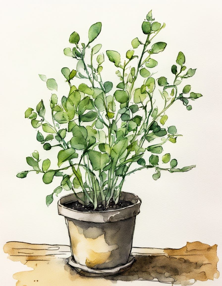 Whimsical Potted Pea Plant in Soft Watercolor
