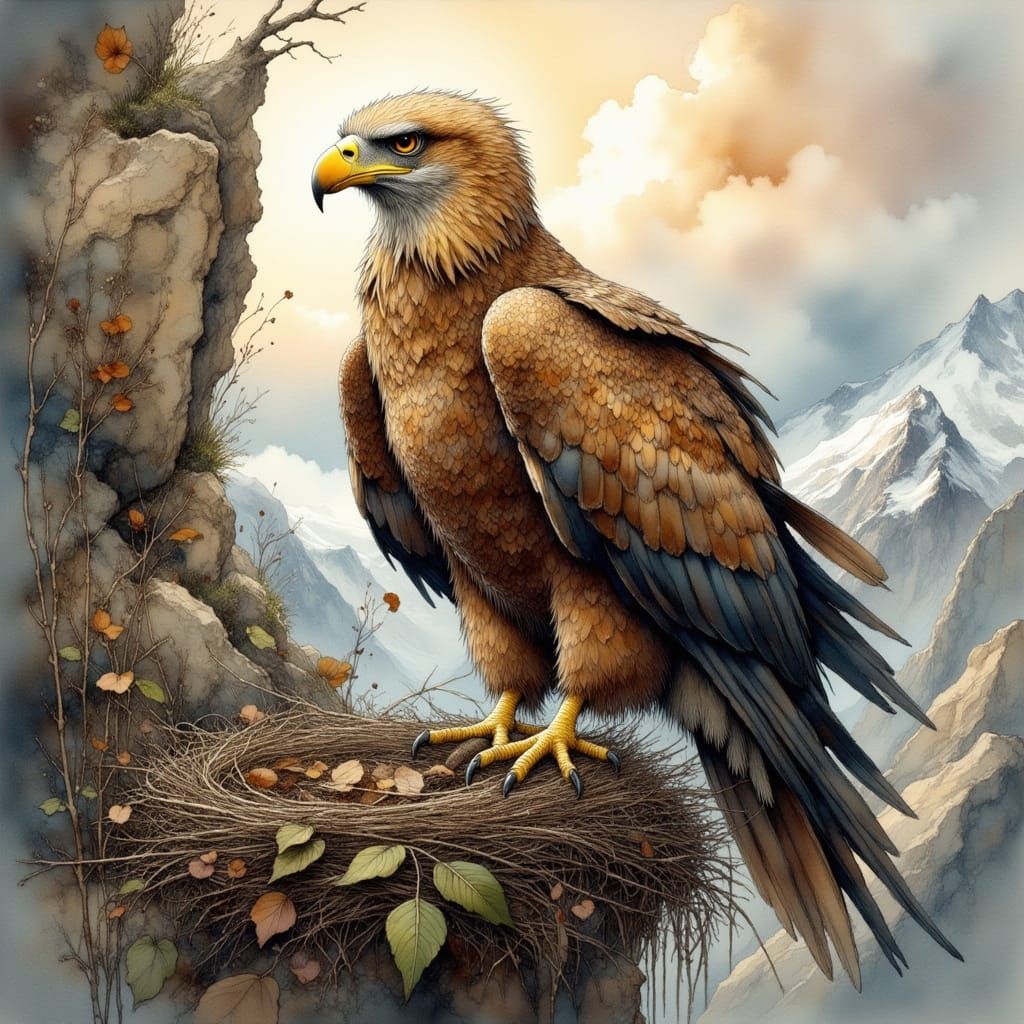 Majestic Golden Eagle Nesting on Mountain Edge