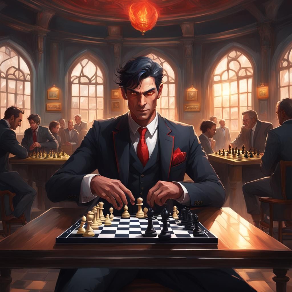 Devil Man Plays Chess in a Magic Cafe