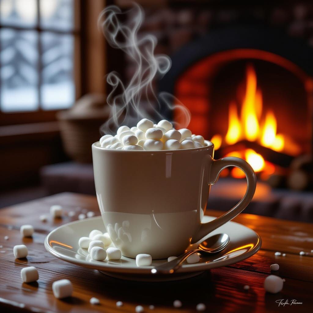 Cozy Hot Chocolate by Firelight, Digital Matte Painting