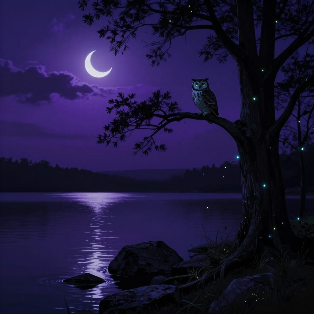 Enchanted Night Lake with Owl and Fireflies