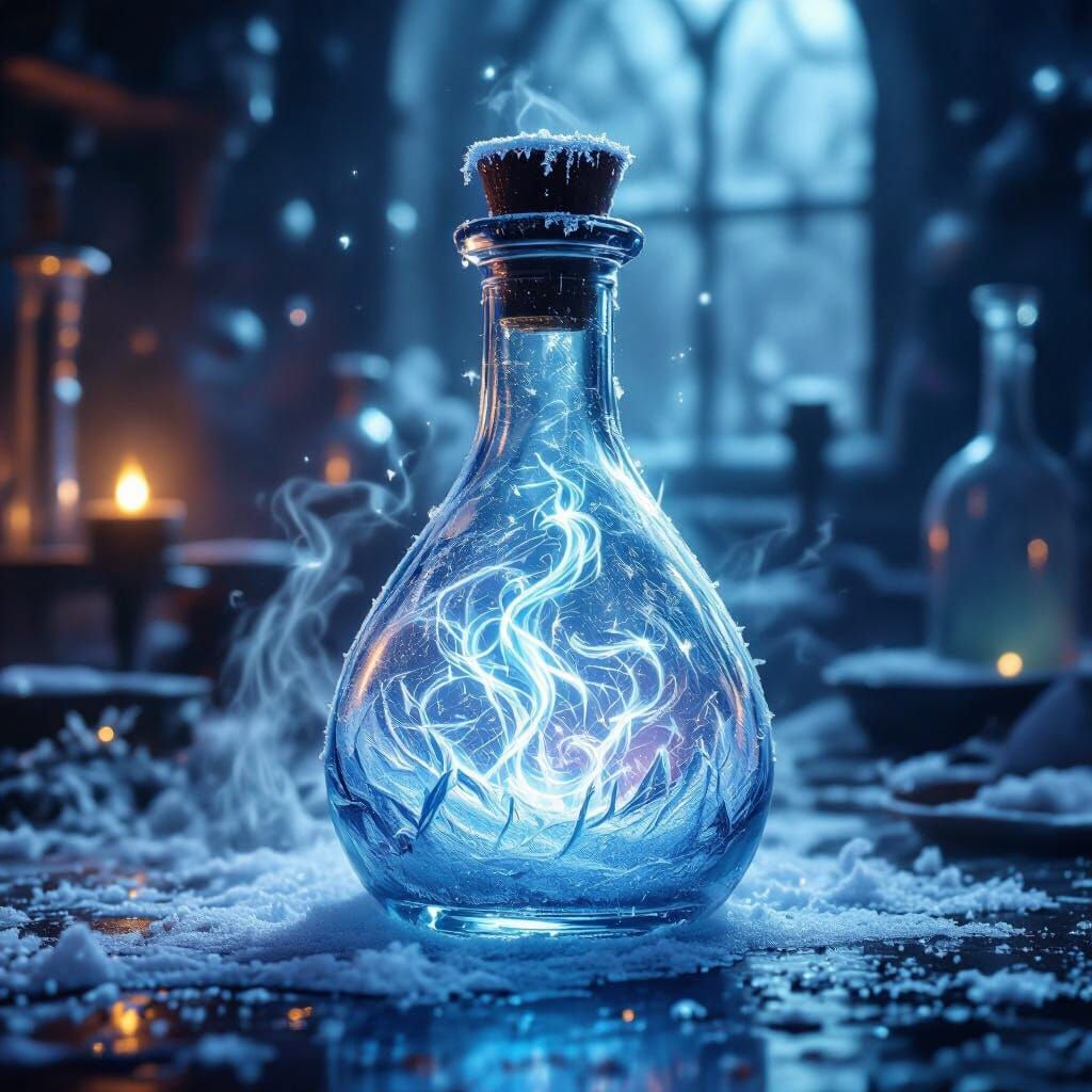 Frozen Flask with Winter Spirits, Icy Blue Glow