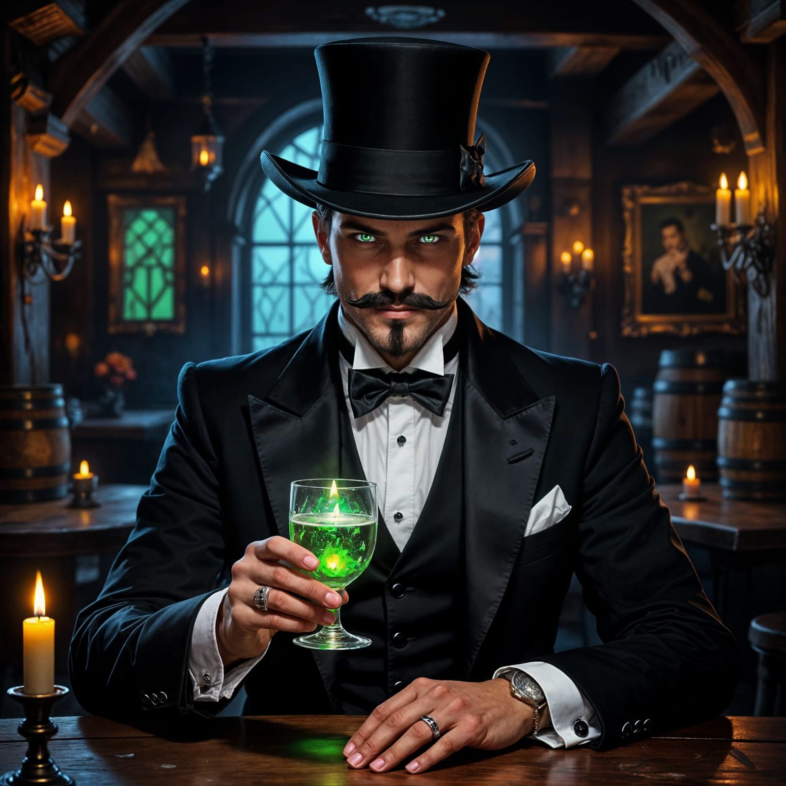 Handsome Magician in Black Suit with Silver Eyes